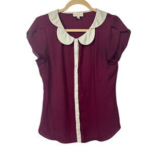 ModCloth M Peter Pan Collar Blouse Short Sleeve Button Front Burgundy Cream Vint